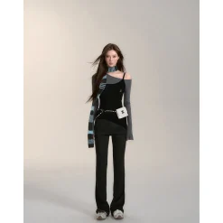 Via Pitti Fake-2-Piece Irregular Diagonal Shoulder Top Black
