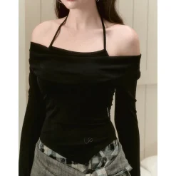 Via Pitti Fake-2-Piece Off Shoulder Halter Top Black
