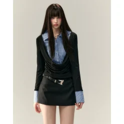 Via Pitti Fake-2-Piece Plaid Patchwork Shirts Black
