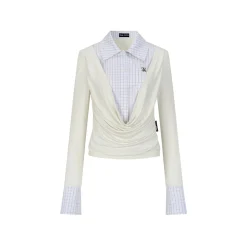 Via Pitti Fake-2-Piece Plaid Patchwork Shirts Off-White