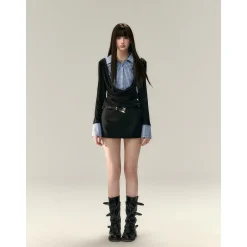 Via Pitti Fake-2-Piece Plaid Patchwork Shirts Black