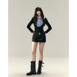 Via Pitti Fake-2-Piece Plaid Patchwork Shirts Black