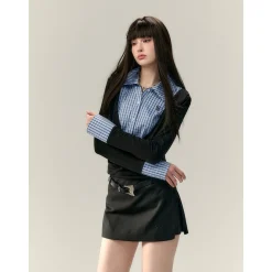 Via Pitti Fake-2-Piece Plaid Patchwork Shirts Black