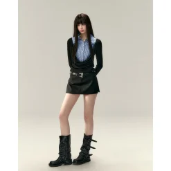 Via Pitti Fake-2-Piece Plaid Patchwork Shirts Black