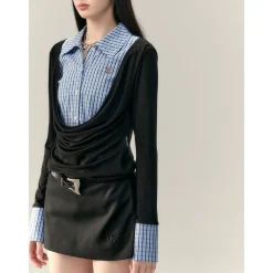 Via Pitti Fake-2-Piece Plaid Patchwork Shirts Black