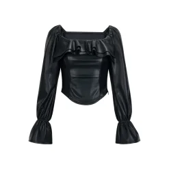 Via Pitti Falbala Collar Puff Sleeve Leather Top Black