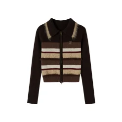 Via Pitti Fluffy Colour Striped Zip Up Woollen Top Brown