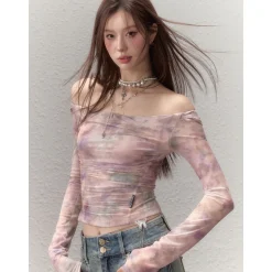 Via Pitti Gradient Off Shoulder Slim Mesh Top