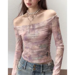 Via Pitti Gradient Off Shoulder Slim Mesh Top