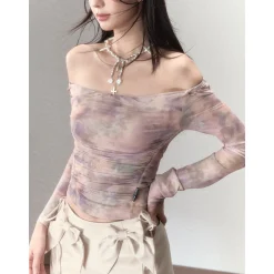 Via Pitti Gradient Off Shoulder Slim Mesh Top