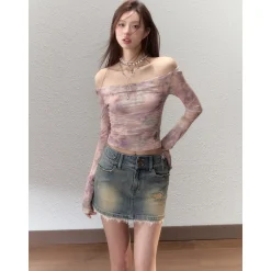 Via Pitti Gradient Off Shoulder Slim Mesh Top