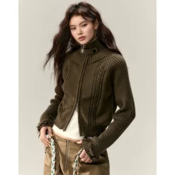 Via Pitti Heavy Bow High Collar Knit Zipped Cardigan Olive Green