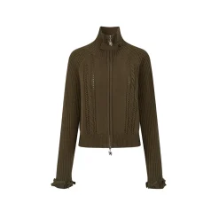 Via Pitti Heavy Bow High Collar Knit Zipped Cardigan Olive Green