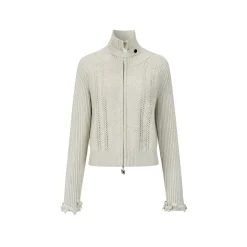 Via Pitti Heavy Bow High Collar Knit Zipped Cardigan Light Gray