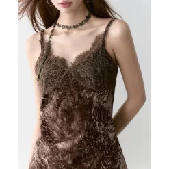 Via Pitti Heavy Lace Patchwork Irregular Slip Vest Brown