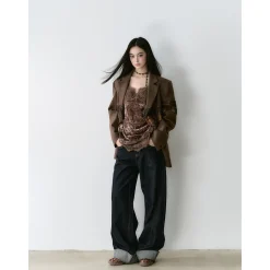 Via Pitti Heavy Lace Patchwork Irregular Slip Vest Brown