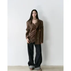 Via Pitti Heavy Lace Patchwork Irregular Slip Vest Brown