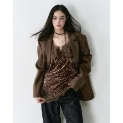 Via Pitti Heavy Lace Patchwork Irregular Slip Vest Brown