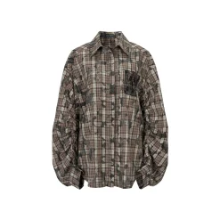 Via Pitti Heavy Plaid Patchwork Loose Shirt Khaki