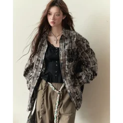 Via Pitti Heavy Plaid Patchwork Loose Shirt Khaki