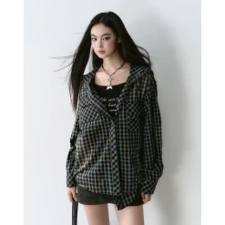 Via Pitti Heavy Washed Distressed Hooded Plaid Shirt