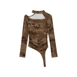 Via Pitti Hollow High Collar Rose Printed Top Brown