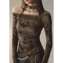 Via Pitti Hollow High Collar Rose Printed Top Brown