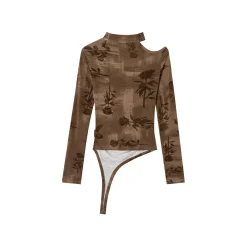 Via Pitti Hollow High Collar Rose Printed Top Brown