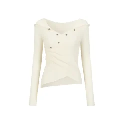 Via Pitti Irregular Button Hooded Woolen Top White