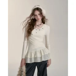 Via Pitti Irregular Button Hooded Woolen Top White