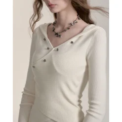 Via Pitti Irregular Button Hooded Woolen Top White