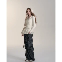 Via Pitti Irregular Button Hooded Woolen Top White