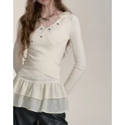 Via Pitti Irregular Button Hooded Woolen Top White