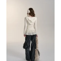 Via Pitti Irregular Button Hooded Woolen Top White
