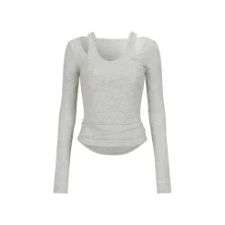 Via Pitti Irregular Collar Long Sleeve Slim Top Gray