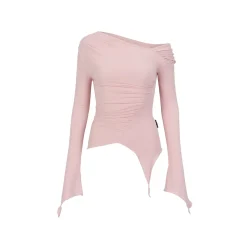 Via Pitti Irregular Diagonal Shoulder Waisting Slim Top Pink