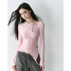 Via Pitti Irregular Diagonal Shoulder Waisting Slim Top Pink