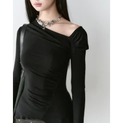 Via Pitti Irregular Diagonal Shoulder Waisting Slim Top Black