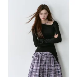 Via Pitti Irregular Diagonal Shoulder Waisting Slim Top Black