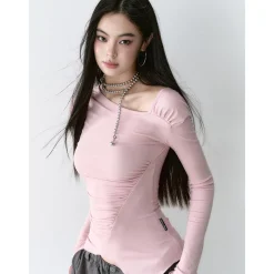 Via Pitti Irregular Diagonal Shoulder Waisting Slim Top Pink