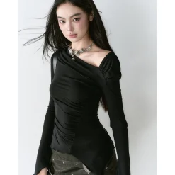 Via Pitti Irregular Diagonal Shoulder Waisting Slim Top Black