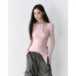 Via Pitti Irregular Diagonal Shoulder Waisting Slim Top Pink
