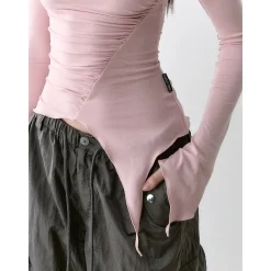 Via Pitti Irregular Diagonal Shoulder Waisting Slim Top Pink