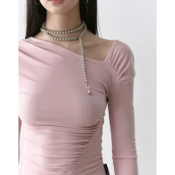 Via Pitti Irregular Diagonal Shoulder Waisting Slim Top Pink