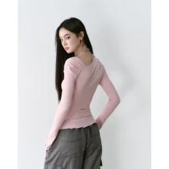 Via Pitti Irregular Diagonal Shoulder Waisting Slim Top Pink