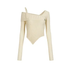 Via Pitti Irregular Edge Cutting Knit Slim Top White