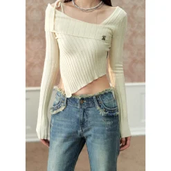 Via Pitti Irregular Edge Cutting Knit Slim Top White