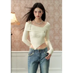 Via Pitti Irregular Edge Cutting Knit Slim Top White