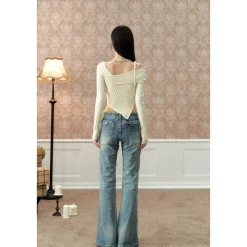 Via Pitti Irregular Edge Cutting Knit Slim Top White