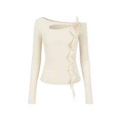 Via Pitti Irregular Floral Diagonal Shoulder Slim Top Beige